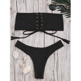 EYELETS LACE UP BANDEAU BIKINI SET (BLACK)