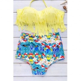 HALTER PRINT HIGH WAIST BIKINI SET WITH FRINGE TOP (YELLOW)