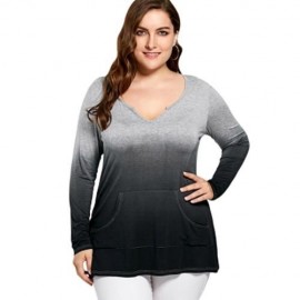 PLUS SIZE KANGAROO POCKET LONG SLEEVE OMBRE T-SHIRT (BLACK AND GREY)