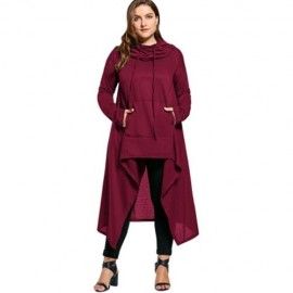 PLUS SIZE FUNNEL COLLAR MAXI ASYMMETRIC HOODIE (WINE RED)