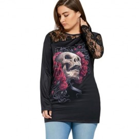 LACE INSERT FLORAL SKULL HALLOWEEN PLUS SIZE T-SHIRT (BLACK)