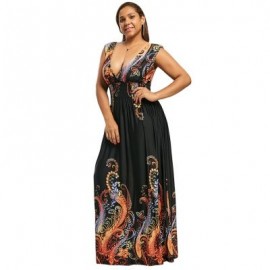 Plus Size Plunge V Neck Paisley Maxi Bohemian Dress (BLACK)
