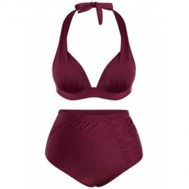 PLUS SIZE HIGH WAISTED HALTER BRALETTE BIKINI (WINE RED)