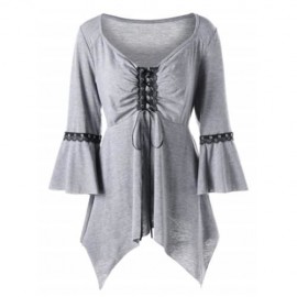 PLUS SIZE FLARE SLEEVE LACE UP TOP (LIGHT GRAY)
