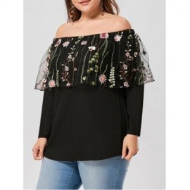 PLUS SIZE EMBROIDERY OFF THE SHOULDER CAPELET TOP (BLACK)