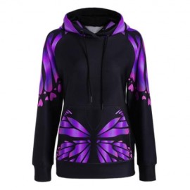 RAGLAN SLEEVE BUTTERFLY PRINT KANGAROO HOODIE (PURPLE)