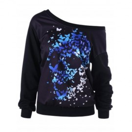 SKEW NECK BUTTERFLY SKULL PRINT SWEATSHIRT (BLACK)
