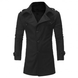 TURNDOWN COLLAR EPAULET SINGLE BREASTED WOOLEN COAT (BLACK)