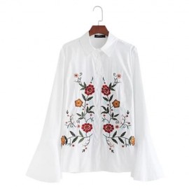 TURN-DOWN COLLAR BELL SLEEVE EMBROIDERY SHIRT FOR WOMEN (WHITE)