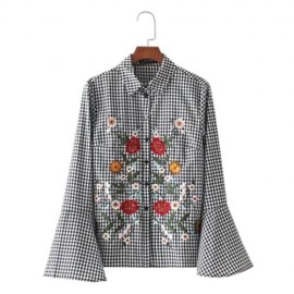 TURN-DOWN COLLAR BELL SLEEVE EMBROIDERY SHIRT FOR WOMEN (CHECKED)