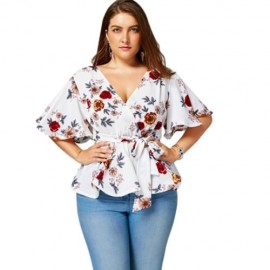 FLORAL PLUS SIZE BELTED SURPLICE PEPLUM BLOUSE (WHITE)