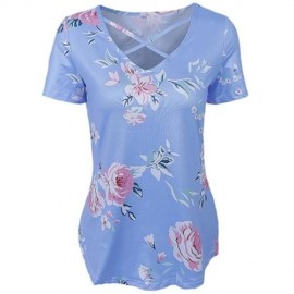 V NECK SHORT SLEEVE FLORAL PRINT CRISS CROSS WOMEN BLOUSE (BLUE)