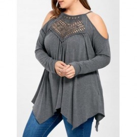 PLUS SIZE OPENWORK COLD SHOULDER T-SHIRT (GRAY)
