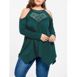 PLUS SIZE OPENWORK COLD SHOULDER T-SHIRT (MALACHITE GREEN)