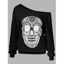 SKULL PRINT SKEW COLLAR PLUS SIZE SWEATSHIRT (BLACK)