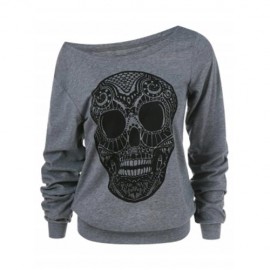 SKULL PRINT SKEW COLLAR PLUS SIZE SWEATSHIRT (GRAY)