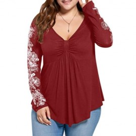 PLUS SIZE FLORAL PATTERN LONG SLEEVE DRAPED T-SHIRT (RED)