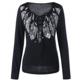 LONG SLEEVE FEATHER PRINT LACE UP T-SHIRT (BLACK)