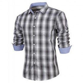 SLIMMING TURN-DOWN COLLAR FASHION PLAID PRINT POCKET EMBELLISHED LONG SLEEVES MEN'S SHIRT 