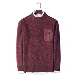 TRENDY ROUND COLLAR LONG SLEEVE POCKET KNITTED MEN SWEATER (WINE RED)