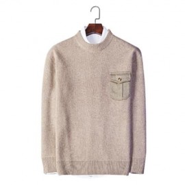 TRENDY ROUND COLLAR LONG SLEEVE POCKET KNITTED MEN SWEATER (LIGHT BEIGE)