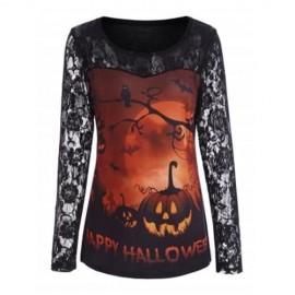 PUMPKIN HAPPY HALLOWEEN LACE SLEEVE TOP (ORANGE)