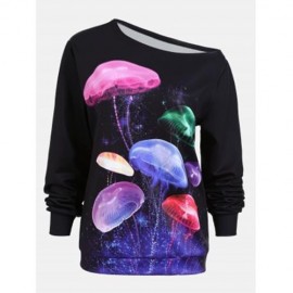 SKEW NECK MULTICOLOR JELLYFISH PRINT SWEATSHIRT (BLACK)