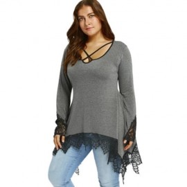 PLUS SIZE LACE TRIM TUNIC SHARKBITE T-SHIRT (GRAY)