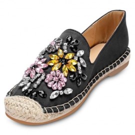 ROUND TOE RHINESTONE ESPADRILLES FLAT HEEL WOMEN SHOES (BLACK)