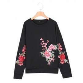 ROUND COLLAR LONG SLEEVE EMBROIDERY WOMEN SWEATSHIRT (BLACK)