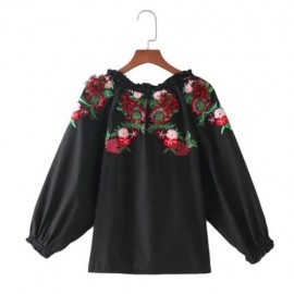 TRENDY ROUND COLLAR 3/4 SLEEVE EMBROIDERY WOMEN BLOUSE (BLACK)