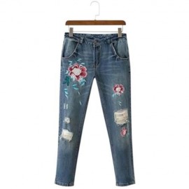 VINTAGE FLORAL EMBROIDERY RIPPED WOMEN JEANS (DENIM BLUE)