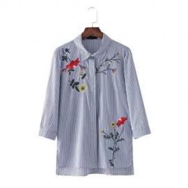 TRENDY TURN-DOWN COLLAR LONG SLEEVE EMBROIDERY WOMEN SHIRT (BLUE AND WHITE)