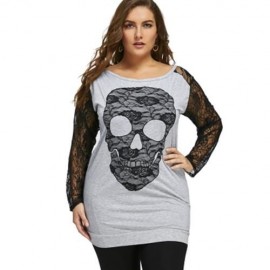 HALLOWEEN PLUS SIZE LACE SKULL LONGLINE SWEATSHIRT (BLACK AND GREY)