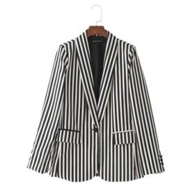 TURN-DOWN COLLAR LONG SLEEVE STRIPED POCKET WOMEN SUIT (BLACK)
