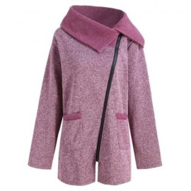 PLUS SIZE FLEECE OBLIQUE ZIPPER TURN DOWN HOODIE (PURPLISH RED)