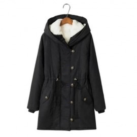 STYLISH HOODED LONG SLEEVE FLEECE PARKA WOMEN COAT (BLACK)