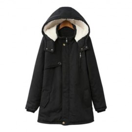 TRENDY HOODED LONG SLEEVE FLEECE PARKA WOMEN COAT (BLACK)