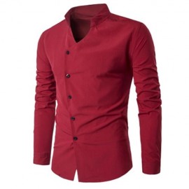 STAND COLLAR OBLIQUE PLACKET LONG SLEEVE SHIRT (RED)