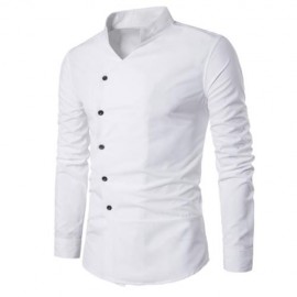 STAND COLLAR OBLIQUE PLACKET LONG SLEEVE SHIRT (WHITE)