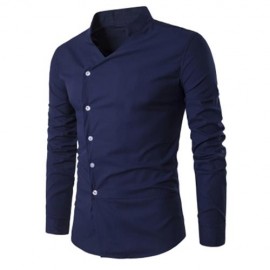 STAND COLLAR OBLIQUE PLACKET LONG SLEEVE SHIRT (CADETBLUE)