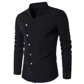 STAND COLLAR OBLIQUE PLACKET LONG SLEEVE SHIRT (BLACK)