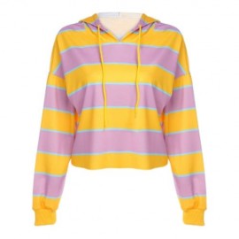 TRENDY HOODED LONG SLEEVE STRIPED WOMEN SHORT HOODIE (YELLOW)