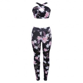 FEMALE SEXY CAMISOLE PRINT PATCHWORK LEGGINGS YOGA SUIT (BLACK)