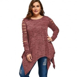 PLUS SIZE MARLED RIPPED SLEEVE HANDKERCHIEF TOP (RUSSET-RED)