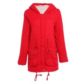 TRENDY HOODED COLLAR LONG SLEEVE FLEECE PARKA WOMEN COAT (RED)