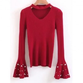 CHOKER FLARE SLEEVE FAUX PEARL SWEATER (RED)