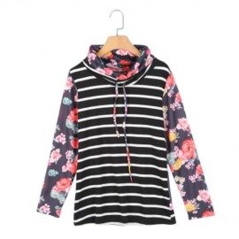 STYLISH HOODED LONG SLEEVE STRIPED PRINT WOMEN HOODIE (FLORAL)
