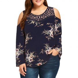 PLUS SIZE LACE PANEL COLD SHOULDER FLORAL BLOUSE (CADETBLUE)