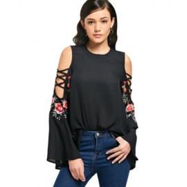 COLD SHOULDER EMBROIDERY FLAREL SLEEVE BLOUSE (BLACK)